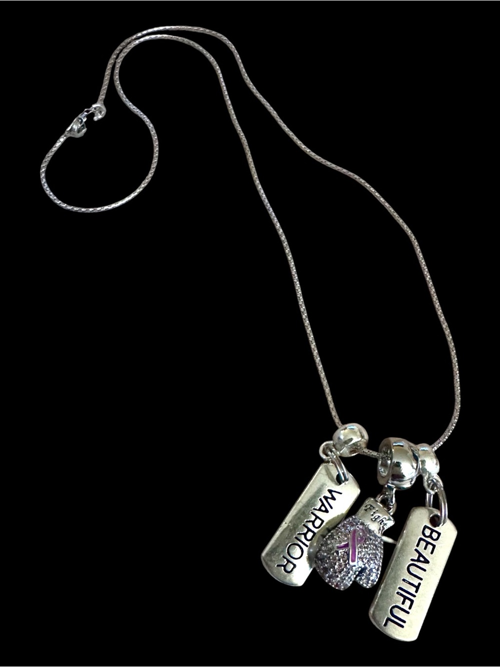 Breast Cancer ‘Warrior, Beautiful' Necklace with Pink Ribbon Boxing Glove